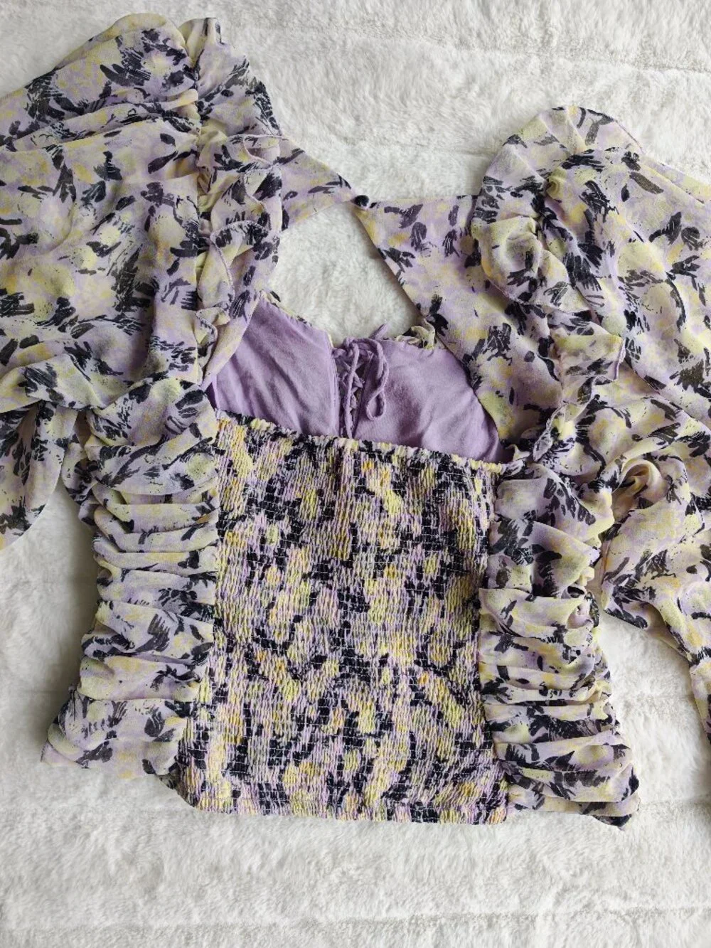 Free People Floral Ruched Blouse Top Puff Sleeve Tie Front Cottagecore Boho M - Picture 15 of 16
